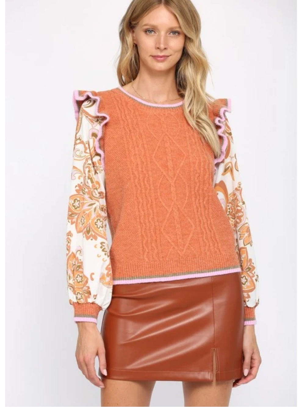 FATE Orange Cable-Knit Puff-Sleeve Sweater, size small